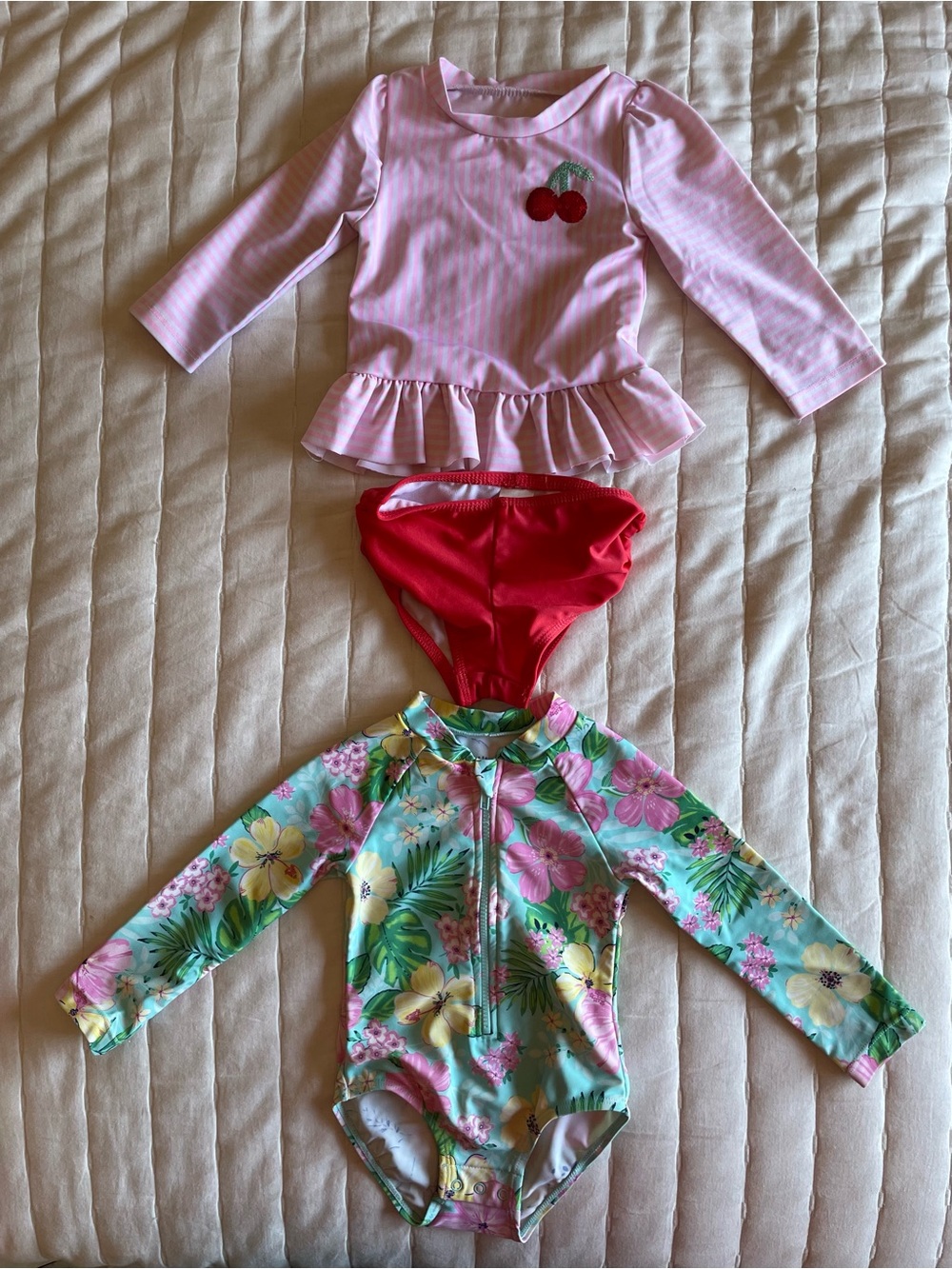 Bundle of 2 Swimsuits Floral and Pink White Stripe Rashguard |  Girls 18 Months